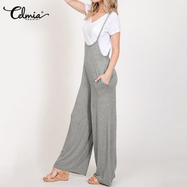 

2020 celmia summer women jumpsuits ladies sleeveless knitted casual solid rompers straps long wide leg pants body plus size1, Black;white