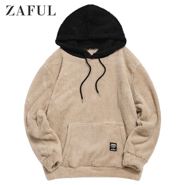 ZAFUL Winter Colorblock Splicing Faux Fur Faux Hoodies para Homens Pulôveres de Manga Longa Moletom Feminino Cordão Tops Casual 201201