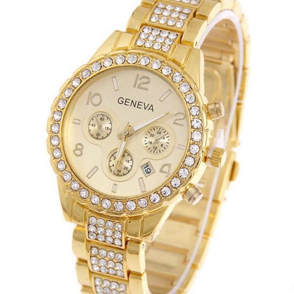

women's band gold fashion geneva watch steel with diamond three eyes calendar alloy steel band quartz watch, Slivery;brown