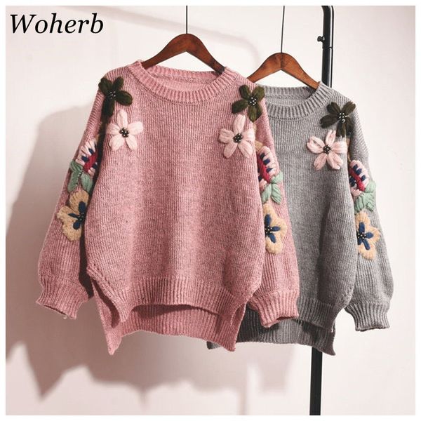 

woherb autumn 2020 elegant flower embroidery knitted sweater women loose vintage pullover sueter mujer jumper pull femme lj201113, White;black