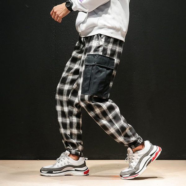 

men's pants 2021 plaid cargo men japanese fashion autumn large casual retro beam feet harem jogging 2xl, Black