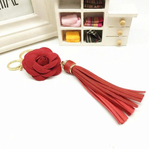 

new arrival camellia flower women leather tassel key chain golden fashion key ring women bag pendant car keychain eh627 h bbyyiq, Slivery;golden