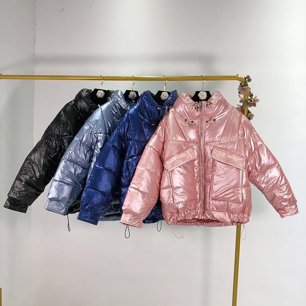 

2020 winter new loose stand collar large pocket shiny coat1, Black