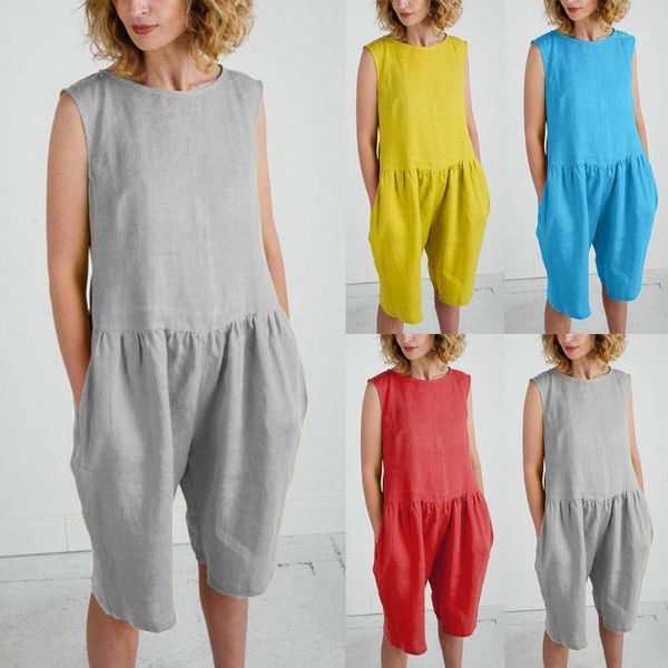 

loose jumpsuit women casual plus size linen sleeveless soild overalls sling vest brief daily tooling playsuit body mujer#3s1, Black;white