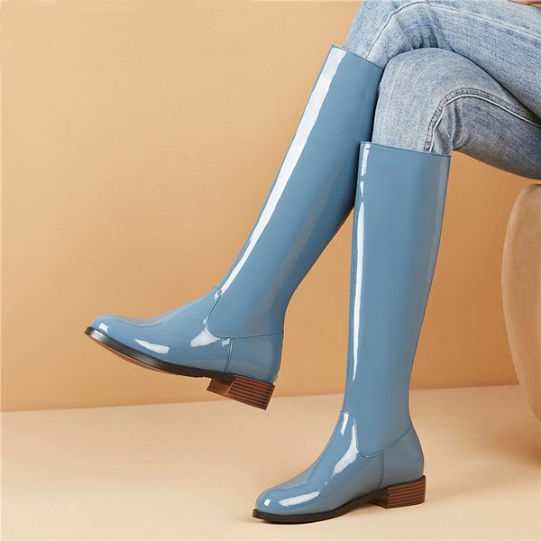 

women knee high smooth genuine leather fashion boots night club shoes ladies square heels long notched riding boots, Black
