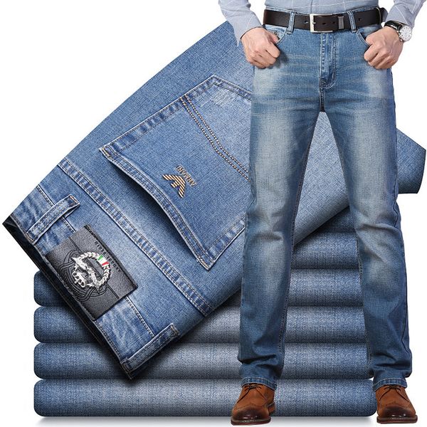 

new autumn winter brem thin elastic man italy eagle fashions business classic cotton denim brim pants, Blue