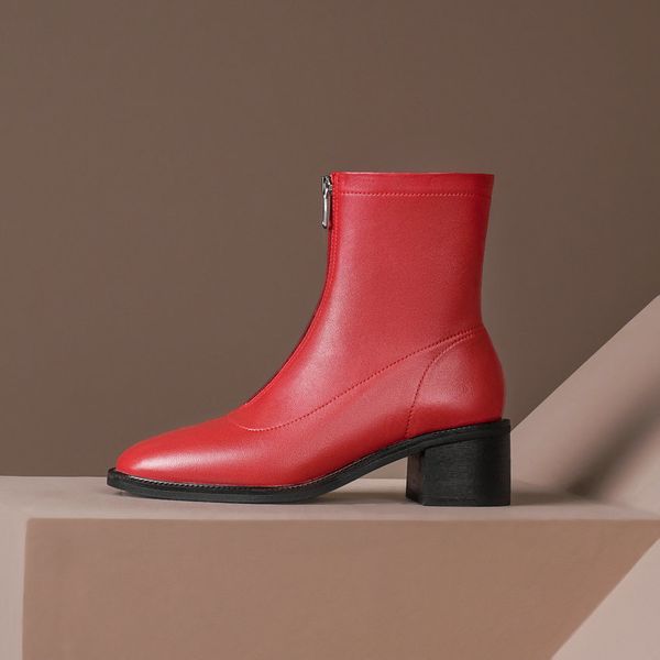 

2021 new soft sheepskin ankle casual round toe zipper women shoes autumn winter square high heel short boots size 34-41 nlyo, Black