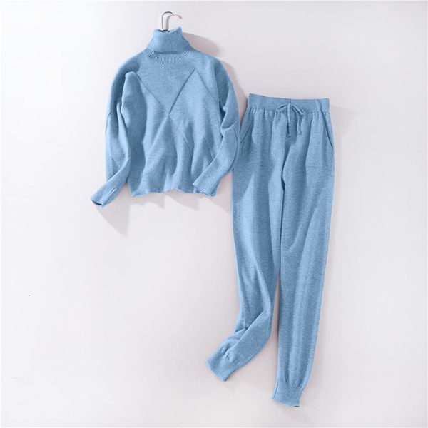 

2021 new women knitted tracksuit turtleneck sweater casual autumn winter 2 piece set knit pants sporting suit femme clothing e1px, Black;white
