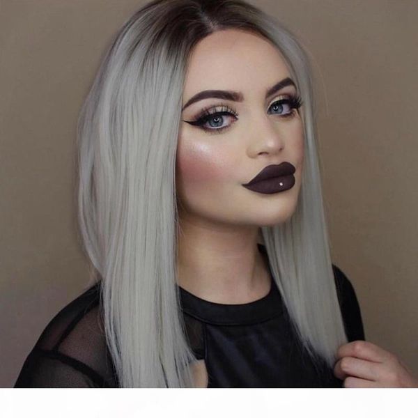 

heat resistant synthetic lace front wig short straight sliver gray ombre short bob wigs natural density synthetic wig for women, Black