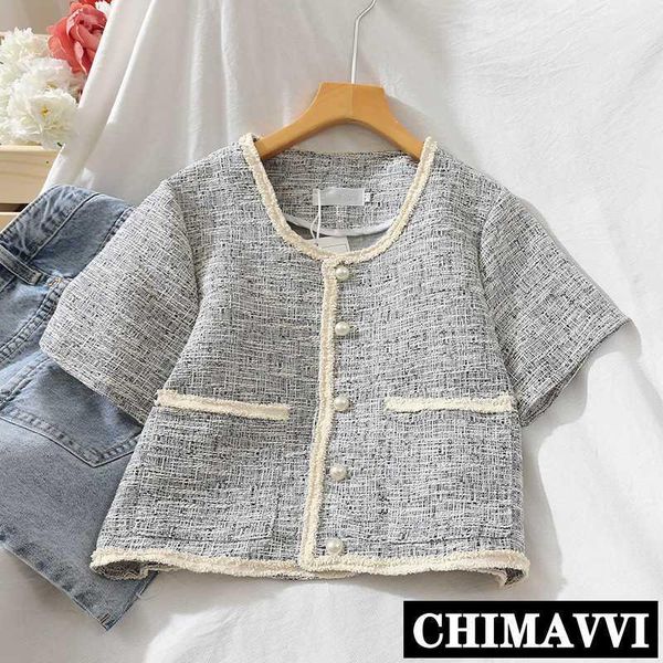 

2020 new summer vintage round neck single breasted vintage tweed shirt women elegant short sleeve jacket short coats1, Black;brown