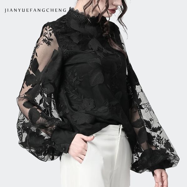 

ladies floral embroidery blouses transparent lantern sleeve mesh stand collar loose plus size women black chiffon blouse 201125, White