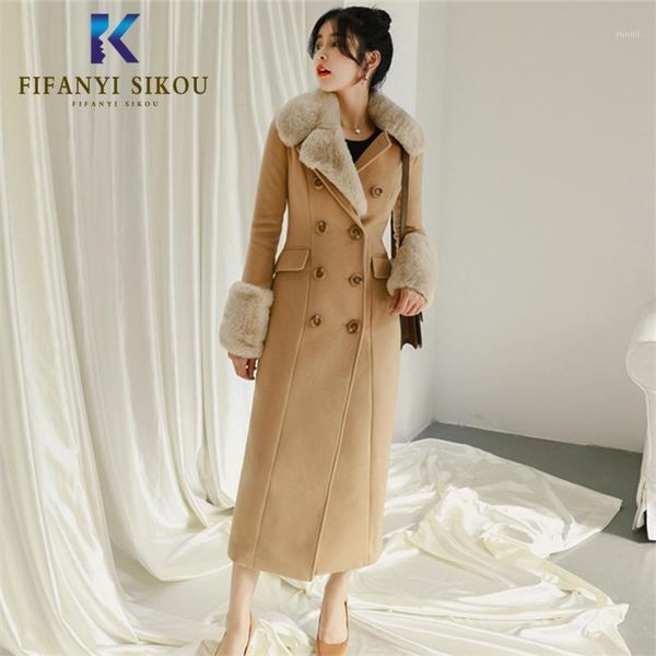 

winter women wool coat fashion classic double breasted elegant long coats thick warm overcoat female fur spliced woolen coat1, Black