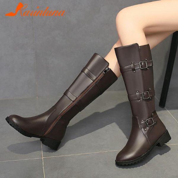 

boots 2021 brand fashion shoes women riding solid buckle straps round toe zip up mid-calf woen booties footwear, Black
