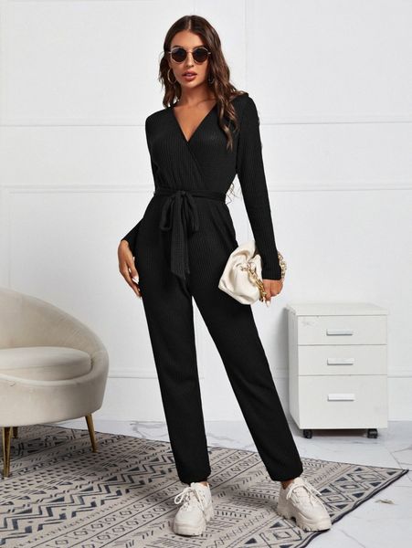 

overlap collar waffle knit belted jumpsuit x6ux#, White