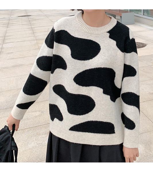

cow pattern women pullover long sleeves knit thick sweater, White;black