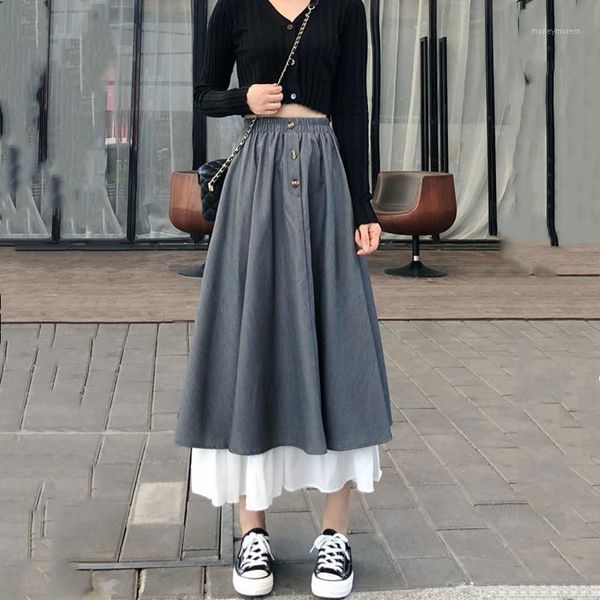 

skirts real s 2021 autumn fashion temperament women's retro stitching was thin mid-length a-line high waist skirt1, Black