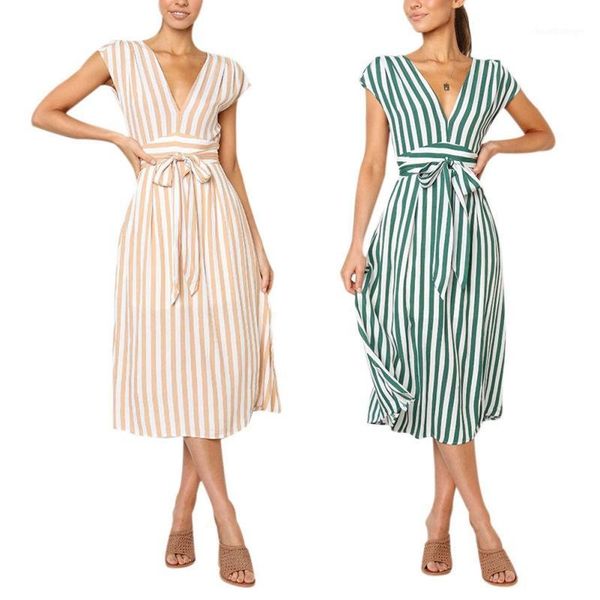 

women temperament deep v vertical striped lace mid-length sleeveless solid color waist bow tie casual dress1, Black;gray