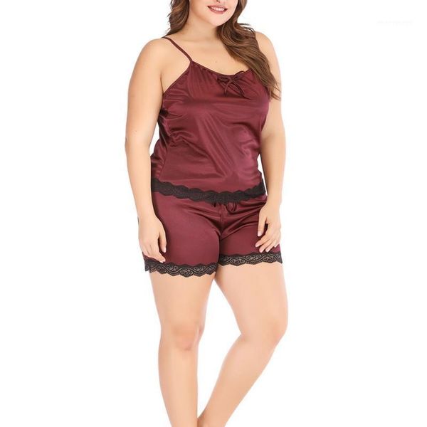

women's sleepwear silk pajamas women solid sleeveless sling nightshirt set shorts suits comfortable nightwear plus size 4xl1, Black;red