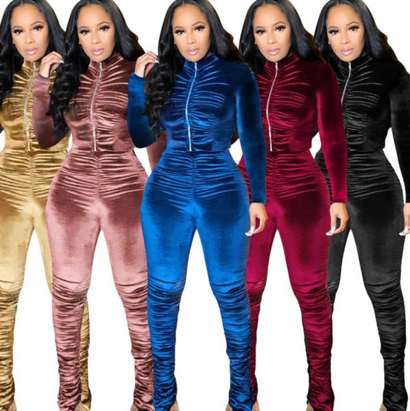 

women velvet tracksuit 2 piece outfits fashion pleated long sleeve coat flare pants set lady casual solid zipper cardigan trousure suits am, White