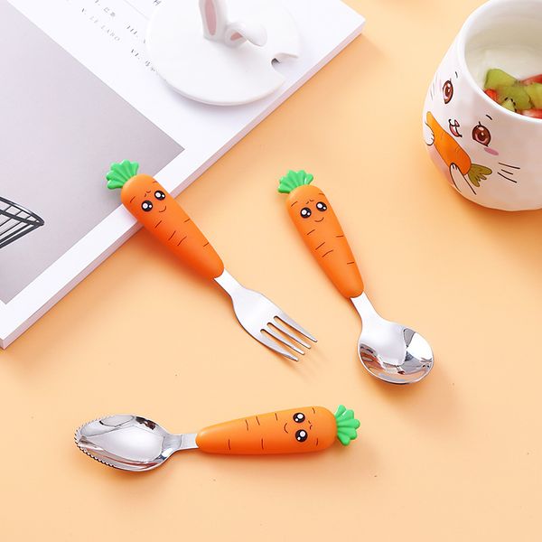 

stainless steel spoon fork cutlery cartoon carrot dinnerware utensil baby gadgets feedkid 20220226 q2