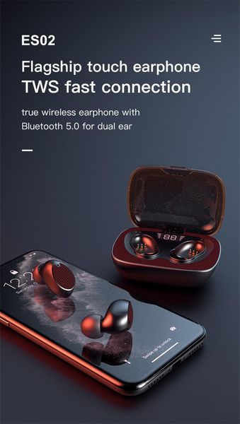 

es02 wireless earphones touch contorl 5.0 headset stereo noise reduction waterproof headphone 600mah charging case