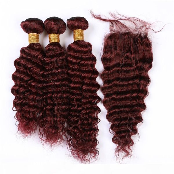 

malaysian deep wave #99j burgundy weaves human hair 3 bundles with closure wine red deep wavy virgin hair lace closure 4x4 with bundles, Black;brown