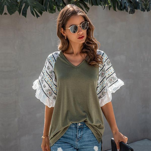 

2020 new summer butterfly sleeve patchwork t shirt women v neck fashion drop shipping good quality, White
