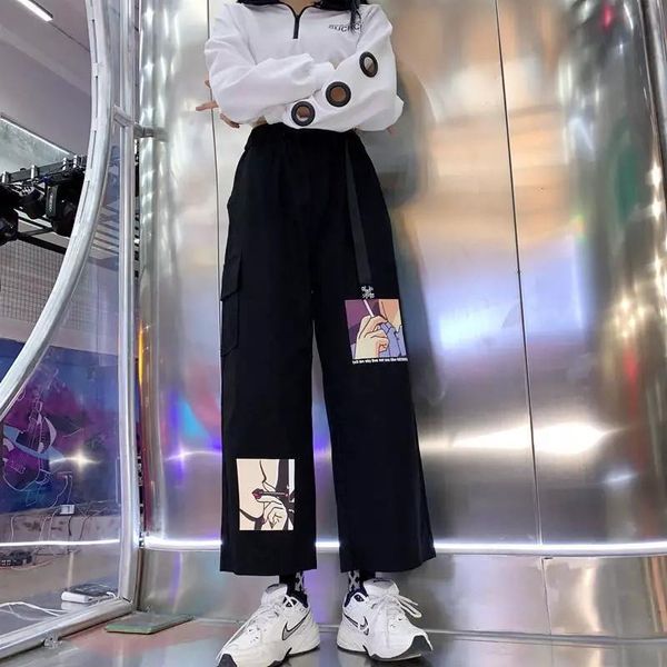 

2xl anime print pants for women trousers high waist with belt wide leg baggy pants ladies causal women loose trousers, Black;white