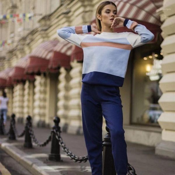 

women's knitted tracksuit 2-piece set 2020 spring winter casual women knitting pants suit sweatshirt ribbon sewing wool knitted1, White