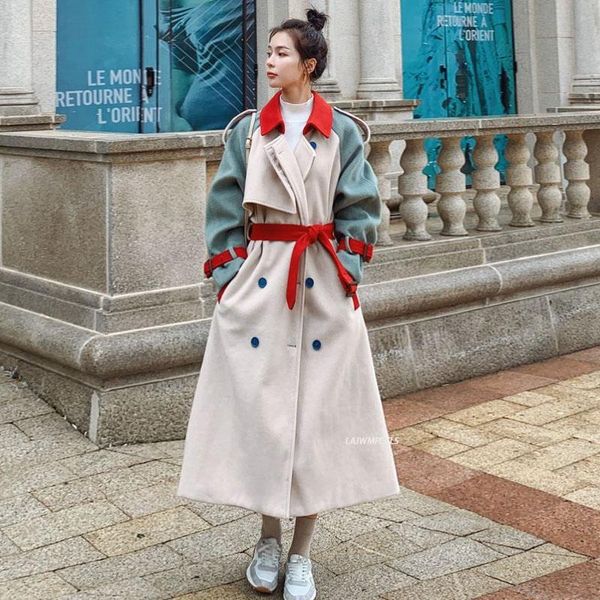 

women's wool & blends 2021 fashion winter long women woolen coat loose hit colors stitching double-breasted thicken artificial jacket f, Black