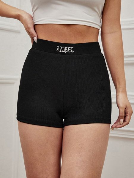 

letter embroidered rib-knit biker shorts d2qt#, Black