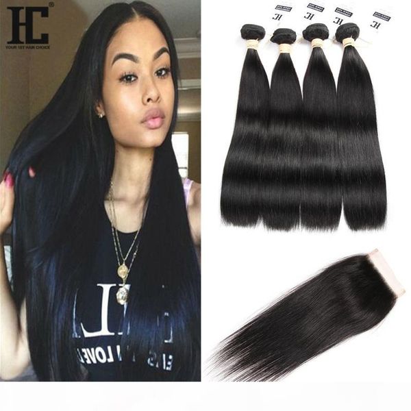 

малайзийские прямые человеческие волосы 3 пакета с закрытием малайзийские волосы верхние кружева закрываются с удлинением волос натуральный, Black