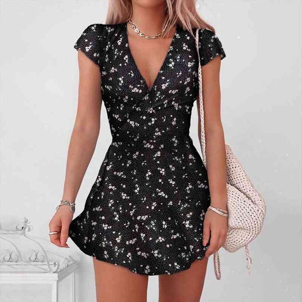 

womens summer dress v-neck boho dresses short sleeve floral print party mini dress female beach dresses sundress vestidos, Black;gray