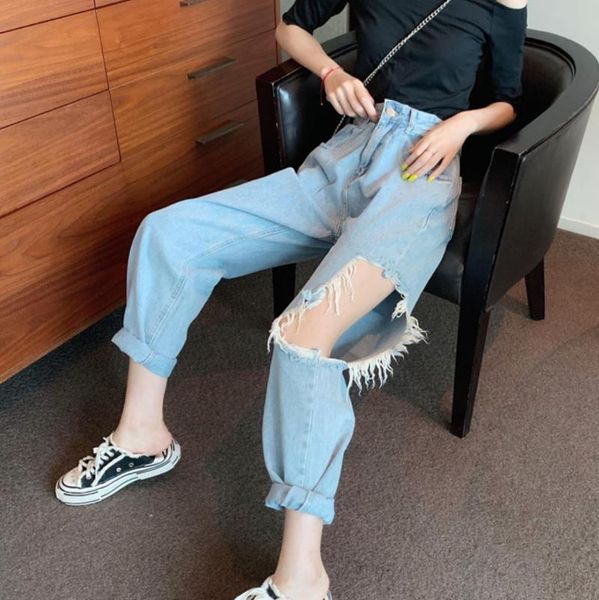 

women's jeans women ripped elastic destroyed hole pants denim casual high waist loose boyfriend plus size, Blue