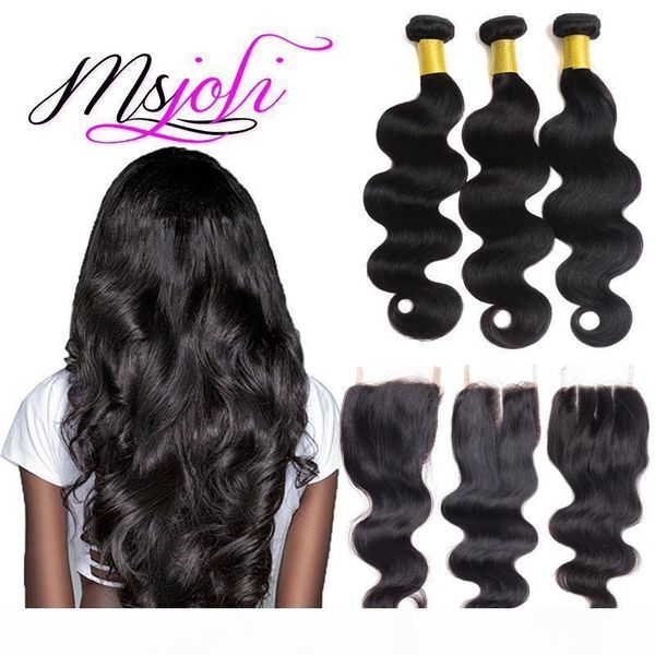 

brazilian virgin human hair weave unprocessed hair body wave silky straight natural color 4x4 lace closure with three bundles from ms joli, Black;brown