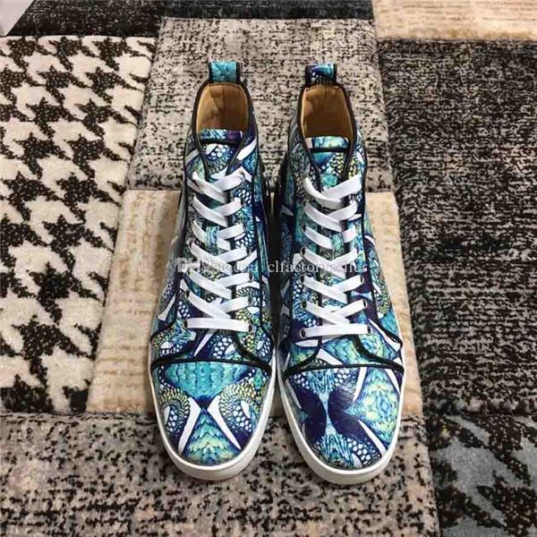 

designer man red bottom studded spikes flats shoes for men women black white blue party lovers genuine leather casual sneakers cyan dragon