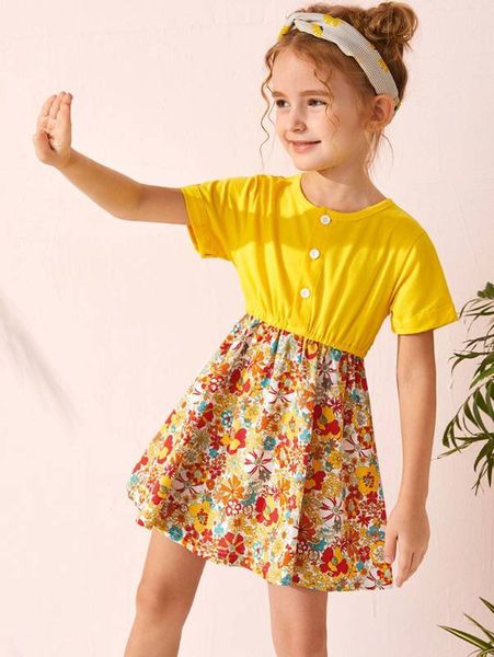

toddler girls button front floral print combo dress she, Red;yellow