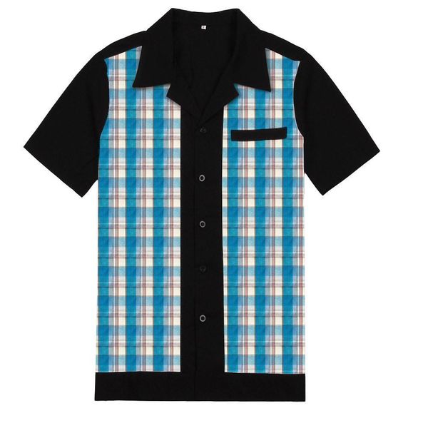 

50s inspired vintage men shirt st111 blue plaid black chemise homme bowling casual shirt cotton men clothing, White;black