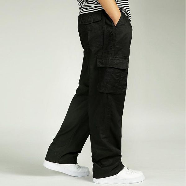 

men's casual trousers cotton overalls elastic waist full len multi-pocket plus fertilizer xl men's clothing big size cargo pants, Black