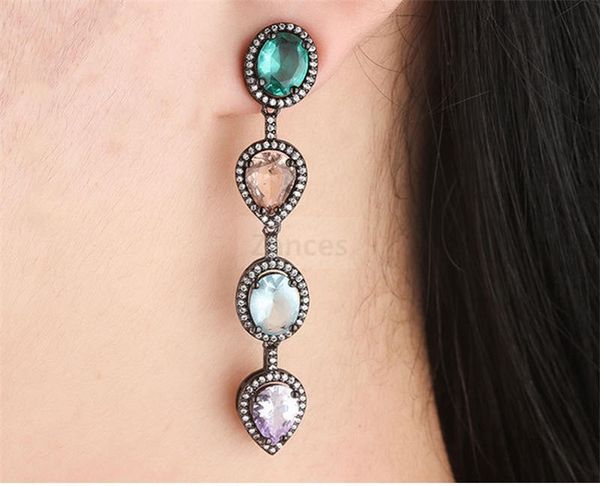 

water drop long earrings oval green crystal cubic zirconia stone multicolor ear line earring geometric, Golden