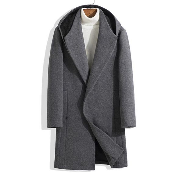 

autumn and winter new woolen coat men's loose mid-length woolen trench coat men's thick jacket, Black