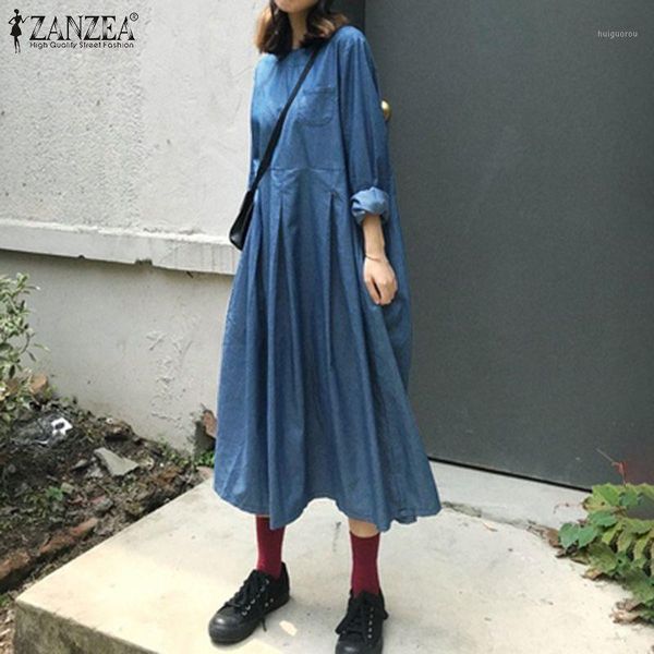

women's casual solid midi robe zanzea round neck long sleeve sundress 2021 fashion female autumn daily denim dress oversized 5xl1, Black;gray