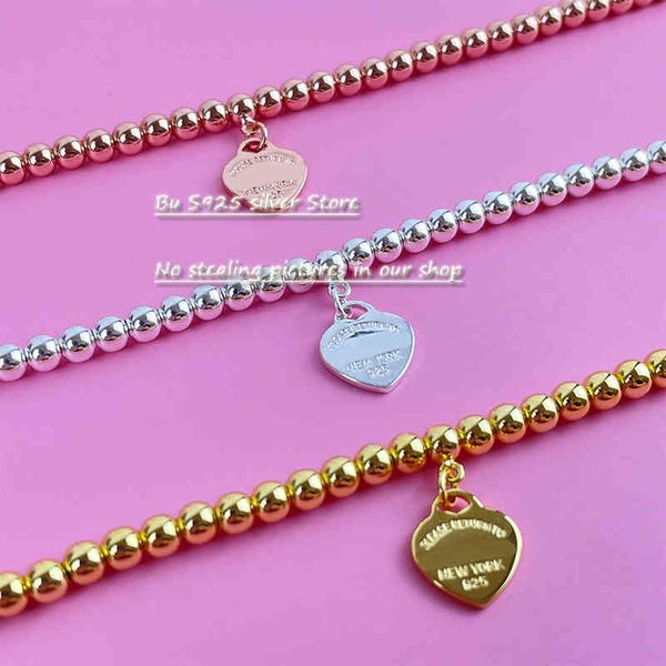 

classic heart bracelet high end designer 925 silver ball bead style pendant bracelet women's jewelry h, Golden;silver
