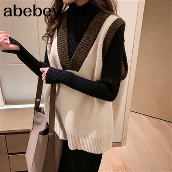 

vests women patchwork korean style knitted all-match students retro pullover leisure womens sweater vest large size lj201203, Black;white