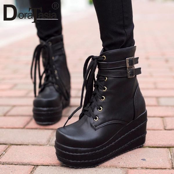 

boots doratasia classic fashion high wedges lace-up heels cool women street style platform ankle shoes woman, Black