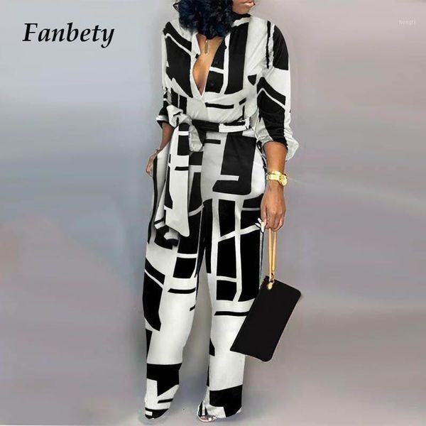 

elegant autumn print belt jumpsuit women deep v neck long sleeves overalls lady office camouflage print one piece rompers1, Black;white