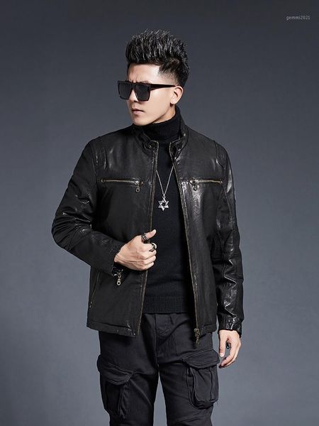 

men's leather & faux 2021 genuine jacket men 100% sheepskin coat vintage motorcycle biker short jackets kj40261, Black