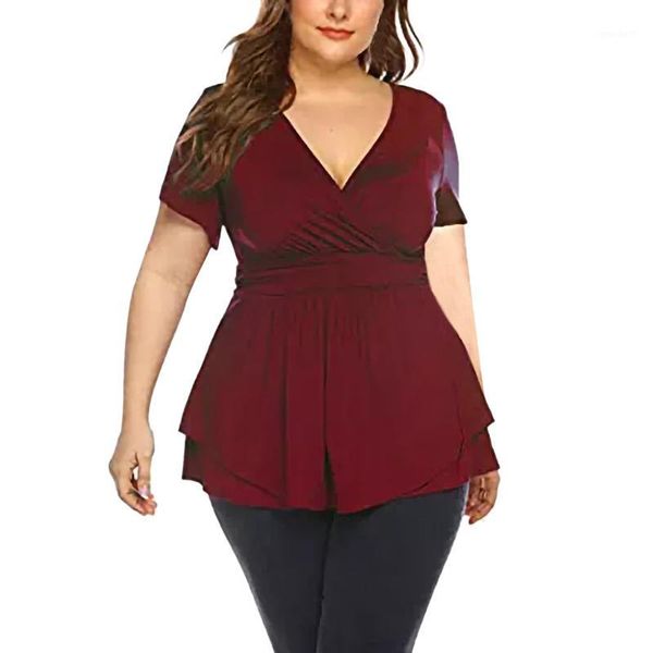 

women's blouses & shirts muqgew blouse summer plus size v neck shirt wrap front drape pleated waist blusas femininas1, White