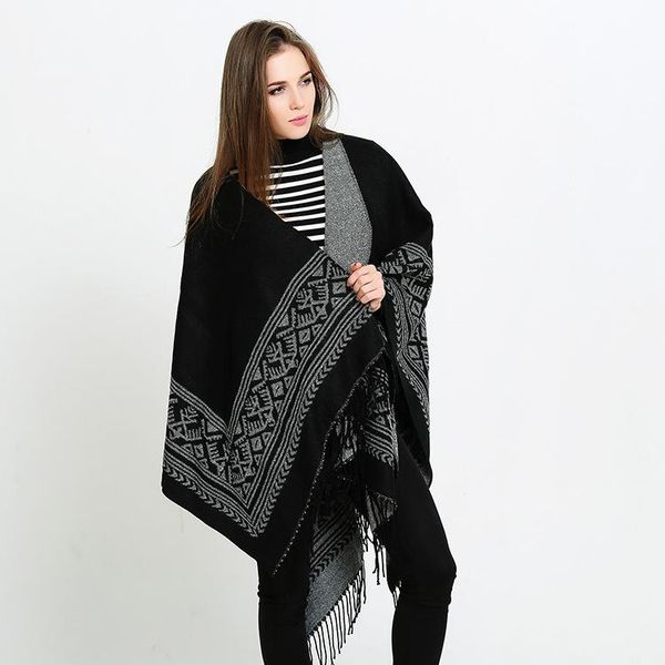

geometric pattern double-sided tassel fashion lengthened and thickened cashmere like office travel split cape, Blue;gray