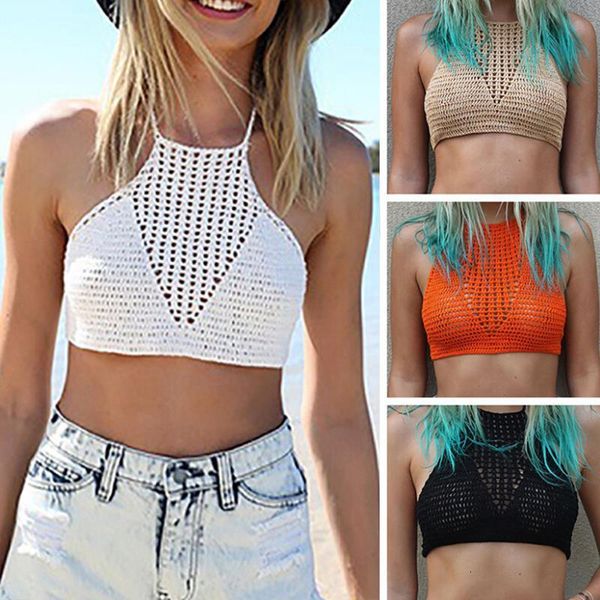 

bikini beach crop summer women short vest hollow out plain white bralette halter neck crop knit crochet cami